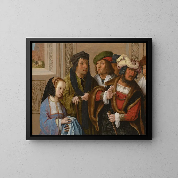 Die Frau Potiphars zeigt ihrem Ehemann den Mantel Josephs, im Hintergrund wird Joseph ins Gefängnis gebracht. - Lucas van Leyden — gerahmtes Bild an der Wand