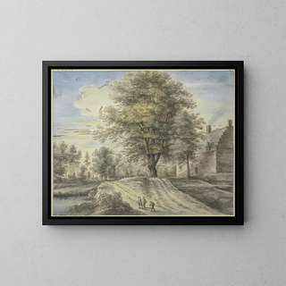 Lucas van Uden - Bei einem Haus ein groer Baum vorne drei Figuren und ein Hund.webp