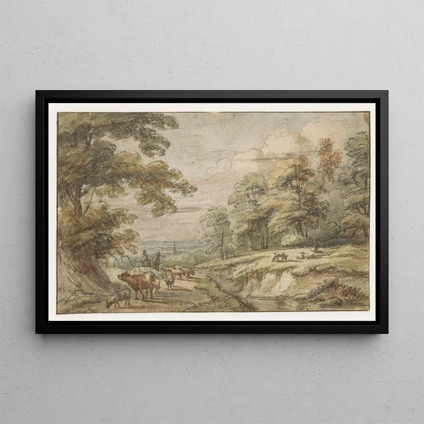 Lucas van Uden - Heuvelachtig landschap met kudde schapen en koe.webp
