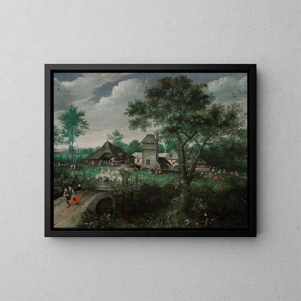 Ein Landschaft mit einer Hochzeit von Bauern und einem Dorffest jenseits von Antwerpen - Lucas van Valckenborch — gerahmtes Bild an der Wand