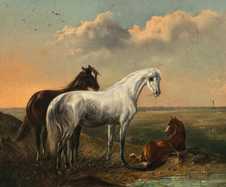 Ludwig Kbler - A white horse and a bay horse in a puszta landscape.webp