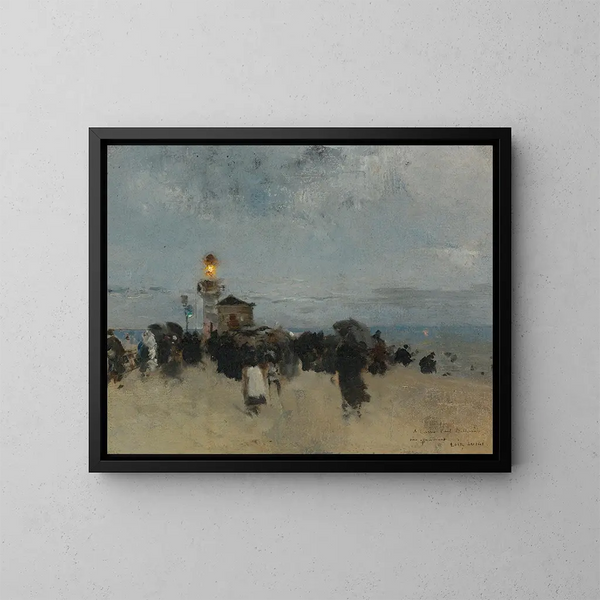 Figuren in der Nähe eines Leuchtturms - Luigi Loir — gerahmtes Bild an der Wand