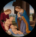 Madonna verehrend das Kind mit dem heiligen Kind Johannes dem Täufer und einem Engel - Lorenzo di Credi — in einem Innenraum präsentiert
