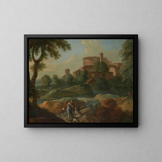 Marcantonio Sardi - Landscape With Soldiers And Dogs Near A River A Town In The Distance.webp