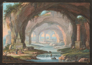 Margaretha Barbara Dietzsch - Landskab med gennembrudte grotter gravmonumenter en flod og figurer.webp
