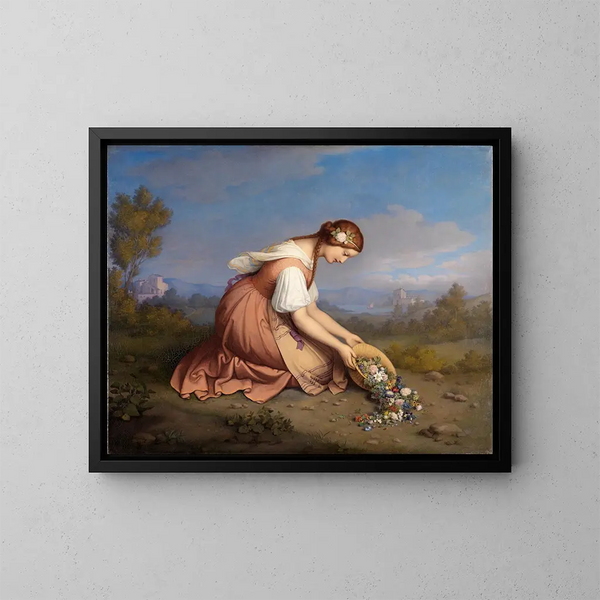 Mädchen kniend, das einen Blumenkorb gießt - Marie Ellenrieder — gerahmtes Bild an der Wand