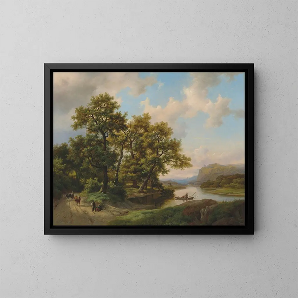 Bateaux sur un lac, paysage d'été - Marinus Adrianus Koekkoek — gerahmtes Bild an der Wand