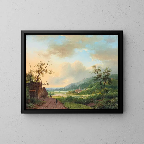 Reisende auf einem Weg am Flussufer bei Dämmerung - Marinus Adrianus Koekkoek — gerahmtes Bild an der Wand