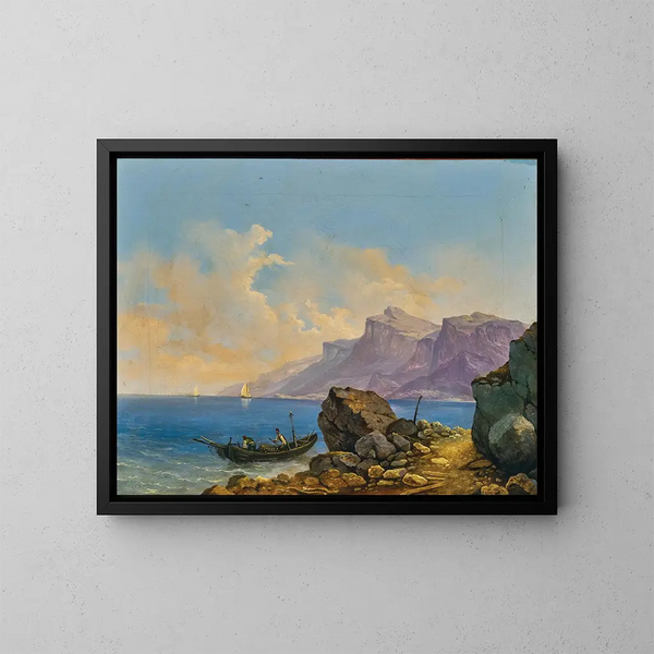 Ein landschaftliches Seengebiet mit einem Boot - Markus Pernhart — gerahmtes Bild an der Wand