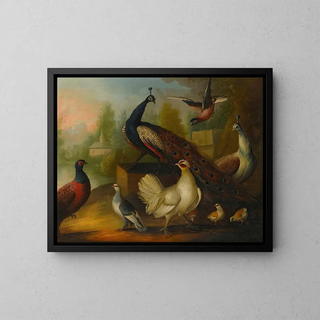 Marmaduke Cradock - Peacocks chickens and other birds in a river landscape.webp