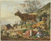 Rechts eine Scheune, aus der zwei Kühe herauskommen, vor zwei schlafenden Hirten mit ihrem Hund und einer Ziege. - Marquard Wocher — Ansicht des Kunstwerks