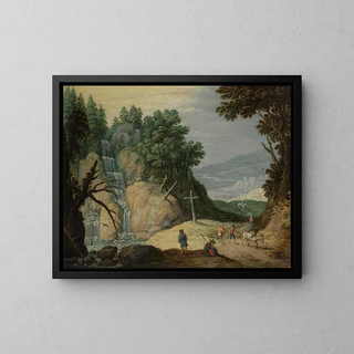 Marten Ryckaert - A Rocky Landscape With A Waterfall And Travellers On A Path.webp