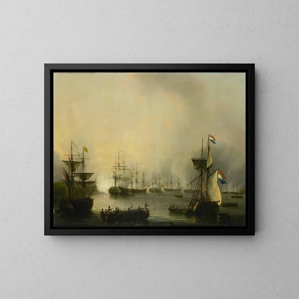 Der Bombardement von Palembang, Sumatra, 24. Juni 1821 - Martinus Schouman — gerahmtes Bild an der Wand
