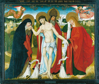 Die Heilige Dreifaltigkeit mit der Jungfrau Maria und dem heiligen Johannes dem Evangelisten - Meister des Altars Wendelin — Ansicht des Kunstwerks
