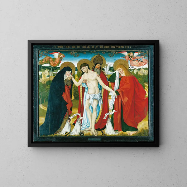 Die Heilige Dreifaltigkeit mit der Jungfrau Maria und dem heiligen Johannes dem Evangelisten - Meister des Altars Wendelin — gerahmtes Bild an der Wand