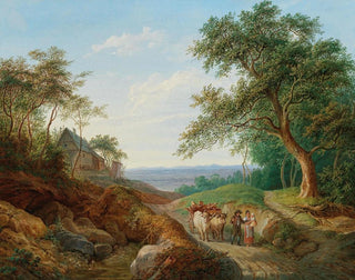 Ein Paar von Bauern mit einem Holzwagen in einer weiten Landschaft an der Donau - Matthias Rudolf Toma — Ansicht des Kunstwerks