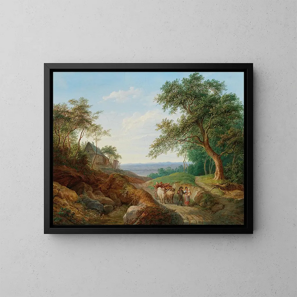 Ein Paar von Bauern mit einem Holzwagen in einer weiten Landschaft an der Donau - Matthias Rudolf Toma — gerahmtes Bild an der Wand