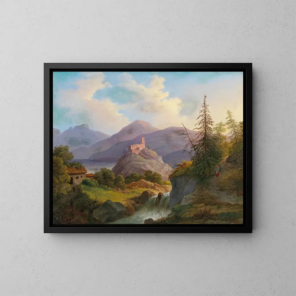 Landschaftsgemälde mit Bergbach und Schloss in der Ferne - Matthias Rudolf Toma — gerahmtes Bild an der Wand