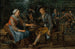 Eine Frau, die einem jungen Mann eine Zwiebel und einen Hering anbietet, der einen Bierkrug hält, während andere im Hintergrund rauchen und Kegel spielen - Matthijs Naiveu — Ansicht des Kunstwerks
