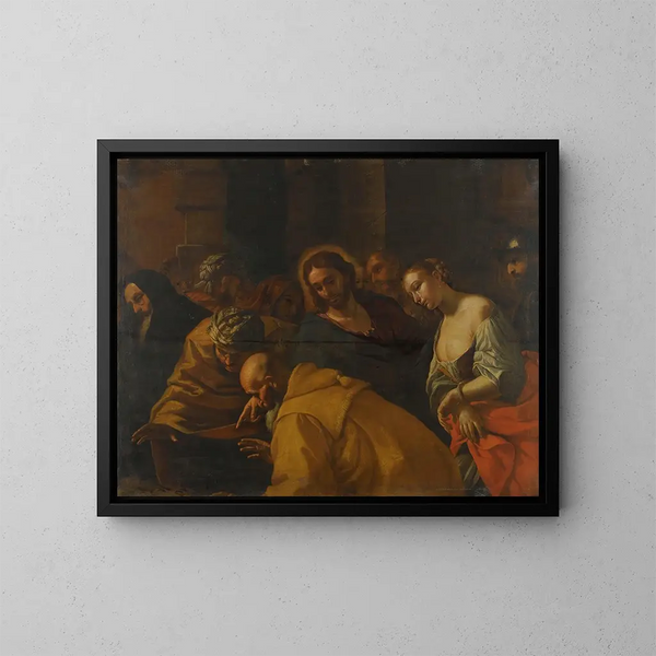 Der Christus und die Ehebrecherin - Mattia Preti — gerahmtes Bild an der Wand