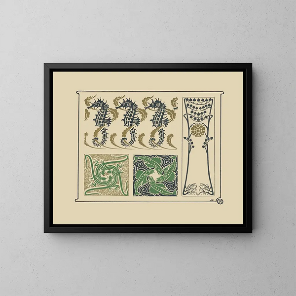 Abstraktes Design-Gemälde mit Seepferdchen, Eidechsen und kleinen Blättern - Maurice Pillard Verneuil — gerahmtes Bild an der Wand