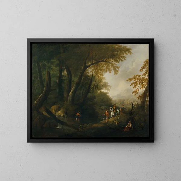 Landschaft mit Wald und Wasserlauf links - Maximilian Joseph Schinnagl — gerahmtes Bild an der Wand