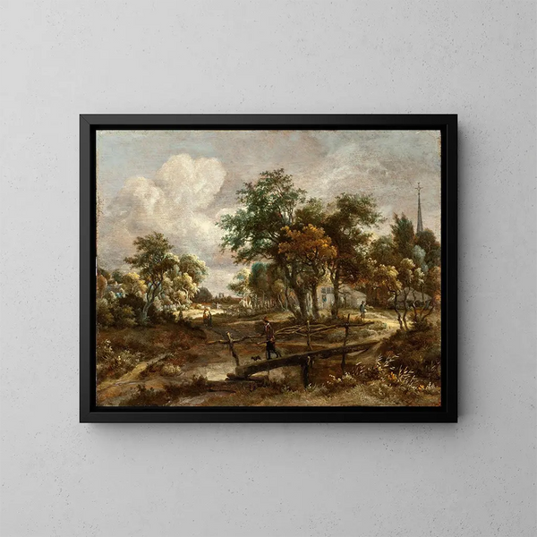 Landschaft mit einem Steg - Meindert Hobbema — gerahmtes Bild an der Wand