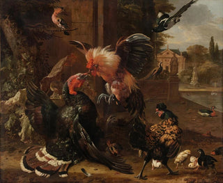 Melchior dHondecoeter - A Rooster and Turkey Fighting.webp