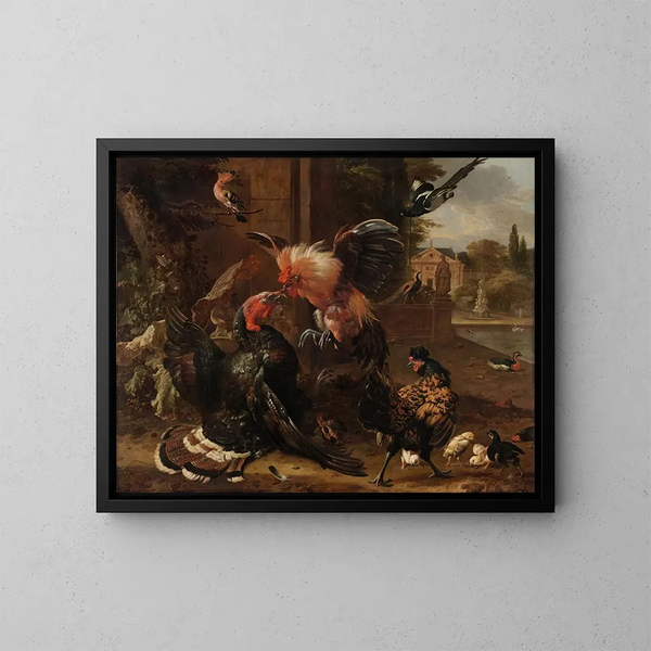 Ein Hahn und eine Truthenne im Kampf - Melchior d'Hondecoeter — gerahmtes Bild an der Wand