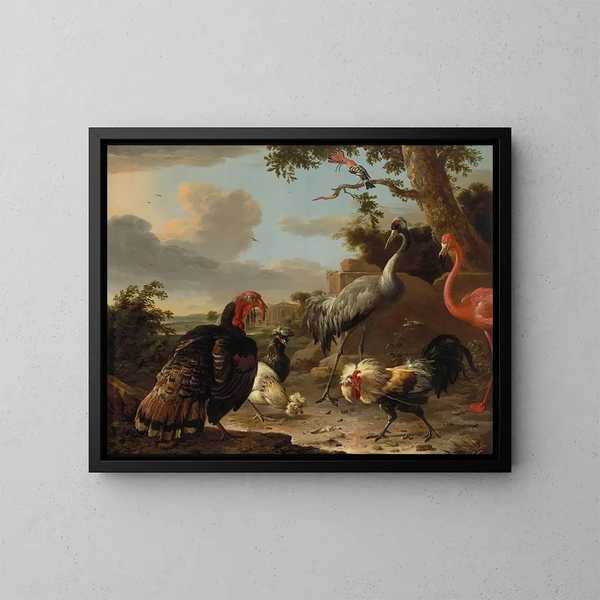Eine Saruskranich, ein Flamingo, eine Wildente aus Bronze, zwei Hühner aus Padua, ein Spielhahn aus Silber und ein Hupf in einer Landschaft - Melchior d'Hondecoeter — gerahmtes Bild an der Wand