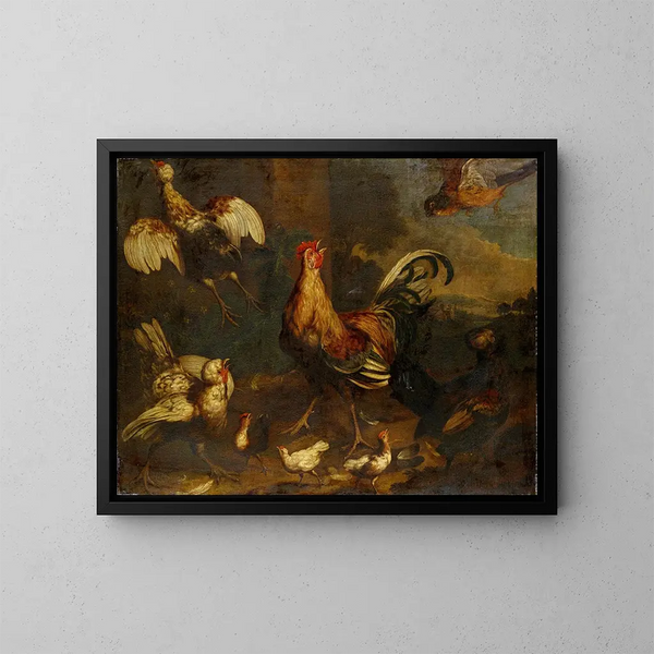 Aufregung im Hühnerstall - Melchior d'Hondecoeter — gerahmtes Bild an der Wand