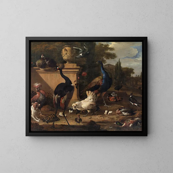 Huhn im Lauf in einem Herrenhaus - Melchior d'Hondecoeter — gerahmtes Bild an der Wand