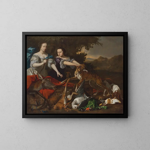 Porträt einer Dame als Göttin Diana und ihre Assistentin mit den Beutestücken der Jagd - Melchior d'Hondecoeter — gerahmtes Bild an der Wand