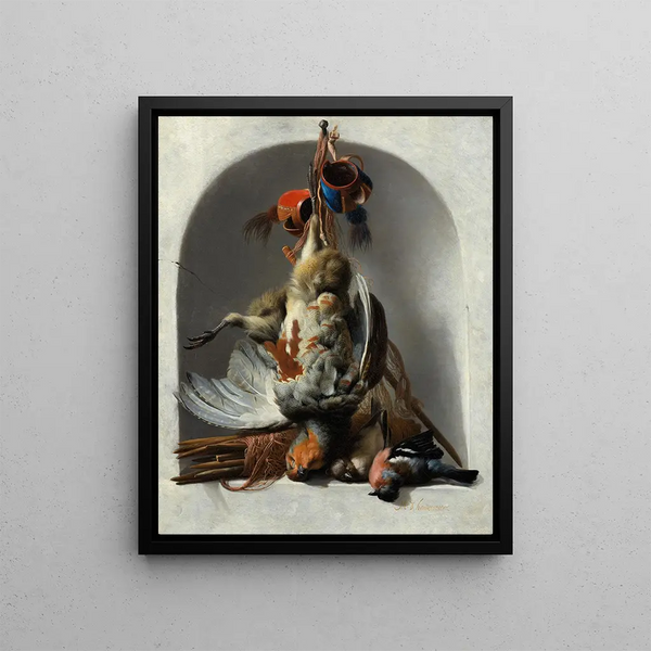 Melchior dHondecoeter - Still Life with Birds and Hunting Gear in a Niche.webp