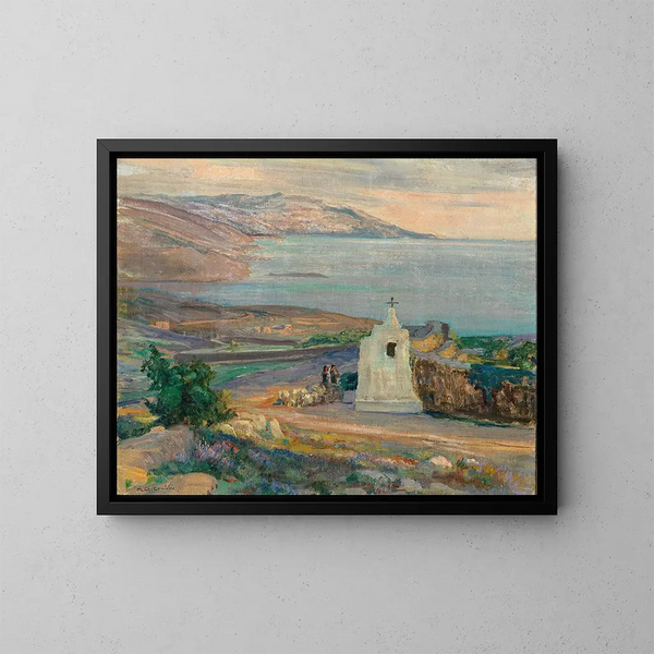 Ein Küstenlandschaft am Abend mit Kapelle - Menci Clement Crnčić — gerahmtes Bild an der Wand