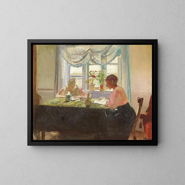 Lesung des Lichts durch das Fenster - Michael Ancher — gerahmtes Bild an der Wand