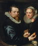 Portrait eines Ehemanns und einer Ehefrau. Er hält eine Tulpe und eine Zwiebel. Eine Auswahl an Muscheln auf dem Regal unten. - Michiel Jansz. van Mierevelt — Ansicht des Kunstwerks