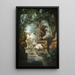 Gartenszene mit einer Blumenurne, einer Blumen-Girlande und einem Brunnen unter einem Glyzinien-Vorhang - Miguel Parra Abril — gerahmtes Bild an der Wand