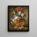 Pfingstrosen, Rosen, Nelken, Iris, Anemonen, Aurikel und andere Blumen in einer Terrakotta-Vase - Mélanie de Comolera — gerahmtes Bild an der Wand