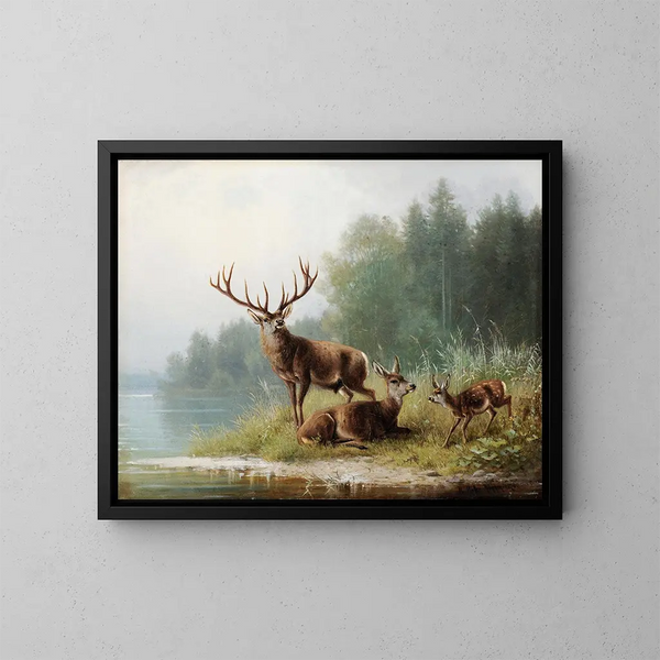 Hirsch am Seeufer - Moritz Müller — gerahmtes Bild an der Wand