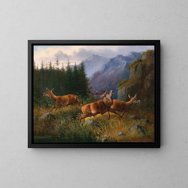 Hirsche in den Bergen - Moritz Müller — gerahmtes Bild an der Wand