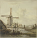 Mühle vor einer Stadt mit hohem Turm, eine Frau, die auf einem abgegrenzten Weg geht - Jan Hulswit — Ansicht des Kunstwerks