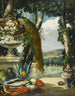 Natur stillleben mit Pfauenblumen, Früchten und einer japanischen Vase, eine weite Parklandschaft im Hintergrund - Narcisse Virgile Diaz de la Peña — Ansicht des Kunstwerks
