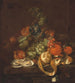 Naturmorte mit Zitronen, Austern, Trauben und Schmetterlingen auf einem Entablement - Cornelis de Heem — Ansicht des Kunstwerks