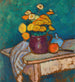 Stillleben mit Stoff, Blumen in einer Krug, Apfel und Behälter auf dem Tisch - Alexej von Jawlensky