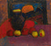 Stillleben mit Stoff, Blumen in einer Krug, Apfel und Behälter auf dem Tisch - Alexej von Jawlensky