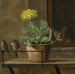 Reproduktion des Gemäldes Naturstillleben mit einem Primel in einem Blumenkrug, einer Katze und zwei Spatzen - Martinus Rørbye