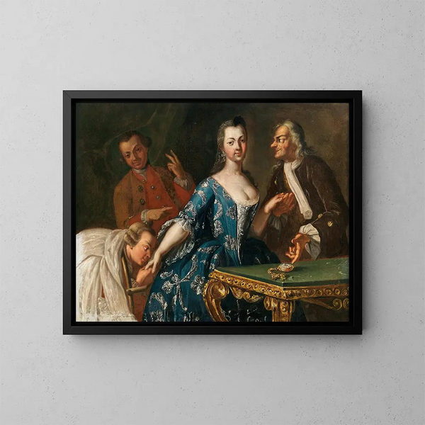 Herren, die eine Dame umwerben - Schule Neapolitanisch — gerahmtes Bild an der Wand