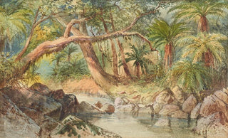 Nicholas Chevalier - Creek at Holmes Bay Banks Peninsula fuschia trees.webp