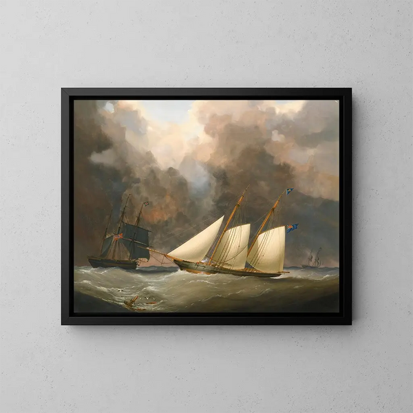 Das Match der Tausend Guineas zwischen der Brigantin Water Witch von Henry Bradley und dem Schooner Galatea von Lord Belfast - Nicholas Matthew Condy — gerahmtes Bild an der Wand